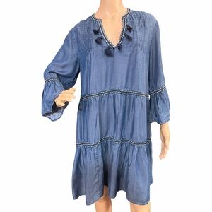 Tommy Bahama Tencel Lyocell Tiered Boho Dress Blue Tassel Large